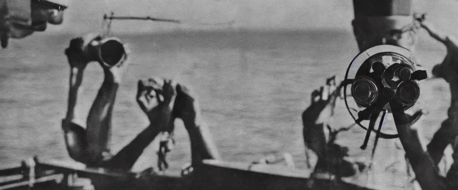 Prompt: detailed sharp portrait photograph in the style of popular science circa 1 9 5 5 of a sailor standing on the bridge of a ship look through binoculars