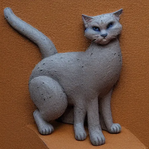 Image similar to medium - shot realistic slim clay cat, grey clay, full body, walking, rough, handmade, fingerprints on clay, masterpiece, artistic, museum, highly detailed, hq, by adam beane, by carl brenders
