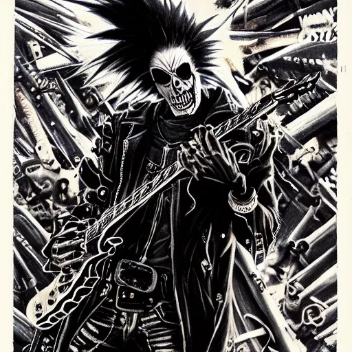 Image similar to a portrait of the grim reaper as a punk rocker playing an electric guitar, punk, skeleton face, mohawk, dark, fantasy, leather jackets, spiked collars, spiked wristbands, piercings, boots, electric guitars, motorcycles, ultrafine detailed painting by frank frazetta and vito acconci and michael whelan and takeshi obata, death note style, detailed painting