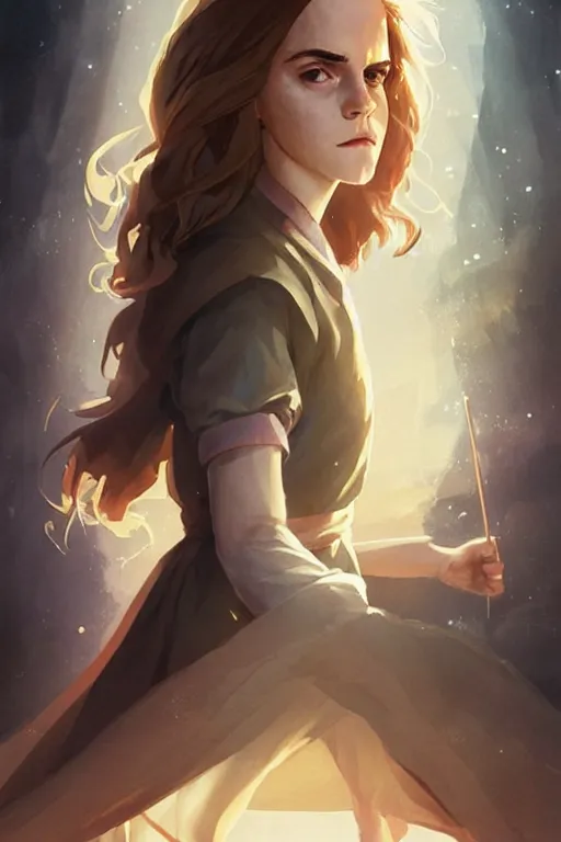 Image similar to Poster artwork, Emma Watson as Hermione Granger, wearing hogwarts robes, magnificent, medium close up, details, sharp focus, elegant, highly detailed, illustration, by Jordan Grimmer and greg rutkowski and PiNe(パイネ) and 薯子Imoko and 香川悠作 and wlop!!!! and maya takamura, intricate, beautiful, sunset!!!, Trending artstation, pixiv, digital Art