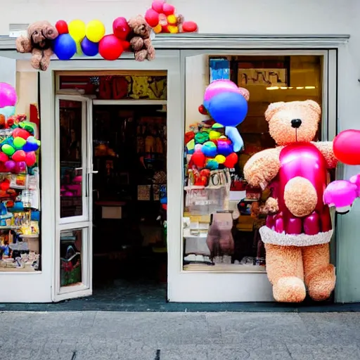 Prompt: A teddy bear doll with 8 balloons stands in the doorway of a candy store,cloudy day