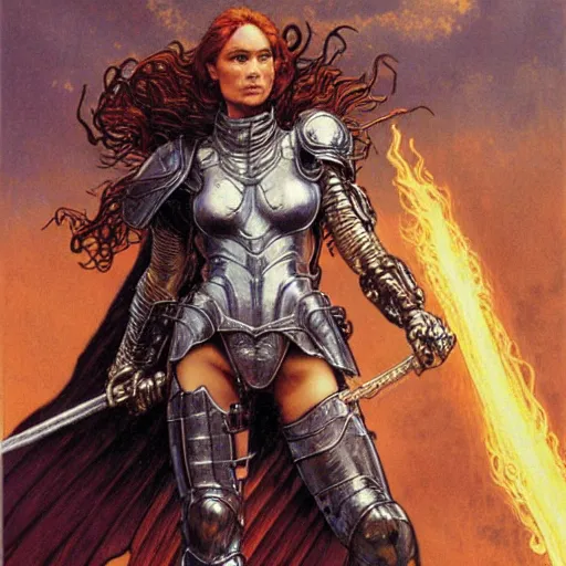 Image similar to quarter length portrait of a armored female valkyrie with a flaming sword, d & d, fantasy, luis royo, magali villeneuve, donato giancola, wlop, krenz cushart, hans zatka, klimt, alphonse mucha
