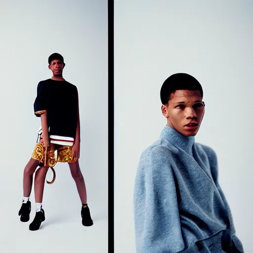 Image similar to realistic photoshoot for a new balenciaga lookbook, color film photography, portrait of a beautiful person, in style of Campbell Addy, Tyler Mitchell, 35mm