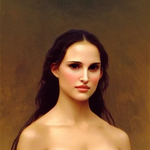 Prompt: Painting of young Natalie Portman. Art by william adolphe bouguereau. During golden hour. Extremely detailed. Beautiful. 4K. Award winning.