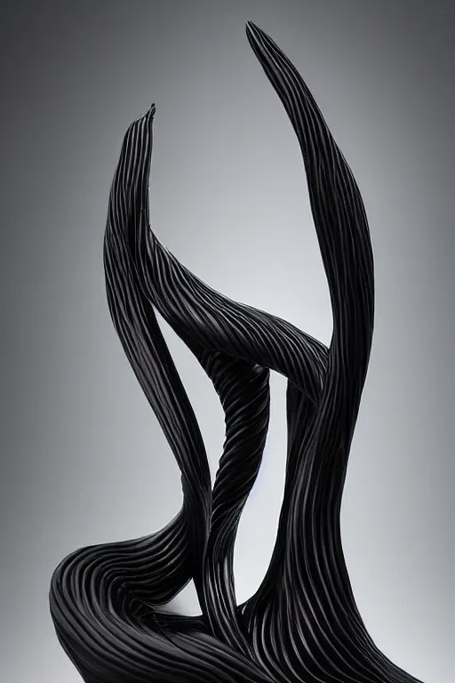 Prompt: a beautiful crafted and rendered black abstract, porcelain sculpture, with many details, that is turning itself inside, rotated and twisted, hyperrealistic and high details and minimalistic ornaments