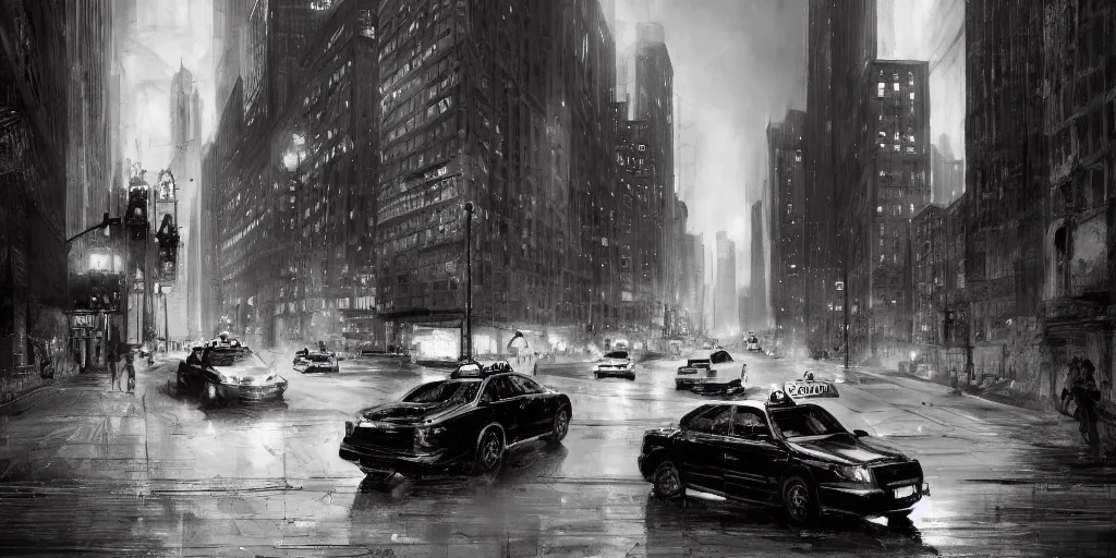 Image similar to taxi through the streets of chicago, night time, dramatic lighting, german expresionism, noir film, character sheet, fine details, concept design, high contrast, anthrophomorfic animals, kim jung gi, greg rutkowski, trending on artstation, 8 k, full body, turnaround, front view, back view, ultra wide angle