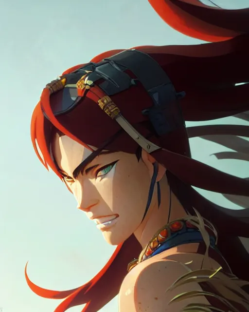 Image similar to azctec warrior, megan fox, detailed perfect face, exquisite details, fire magic, mid view, design on a white background, by studio muti, greg rutkowski makoto shinkai takashi takeuchi studio ghibli