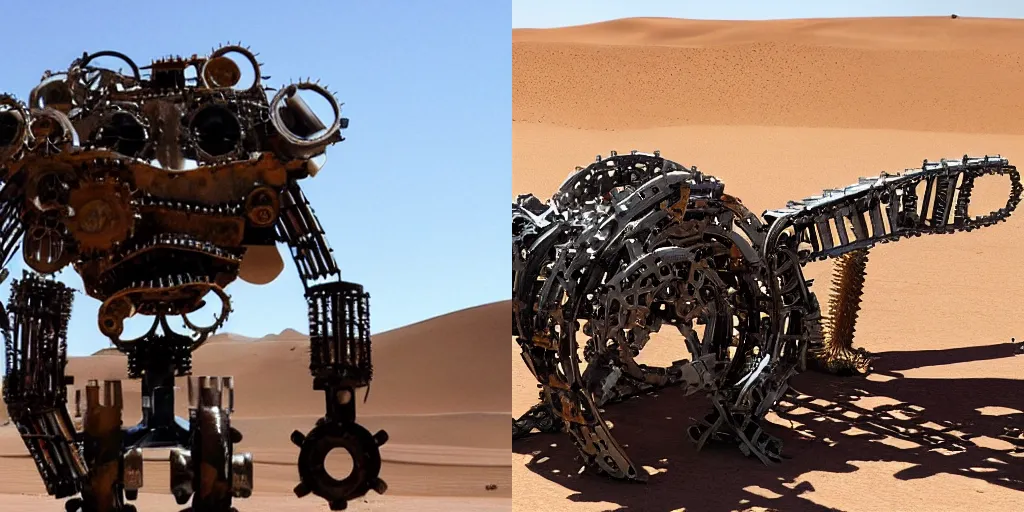 Prompt: a mechanical boss made of scrap metal in the desert