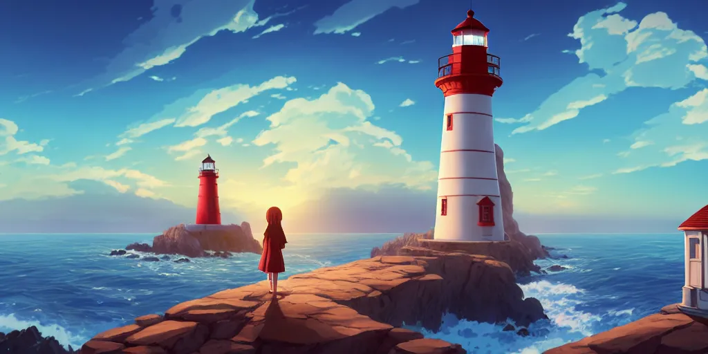 Prompt: the girl and the lighthouse. beautiful sunrise. matte painting, anime, studio ghibli. intricate, elegant, super highly detailed, professional digital painting, artstation, concept art, smooth, Unreal Engine 5, Photorealism, HD quality, 8k resolution, cinema 4d, 3D, beautiful, cinematic