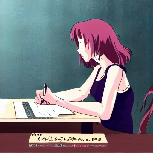 Image similar to a beautiful side view portrait of lofi girl sitting on her desktop writing something, digital art, anime, studio ghibli style