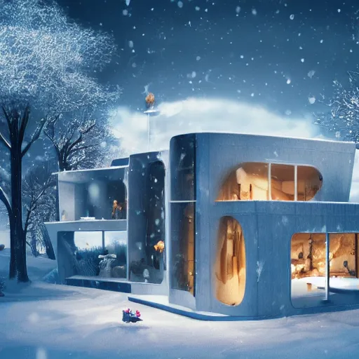 Prompt: a beautiful futuristic home in the winter!?????, artstation