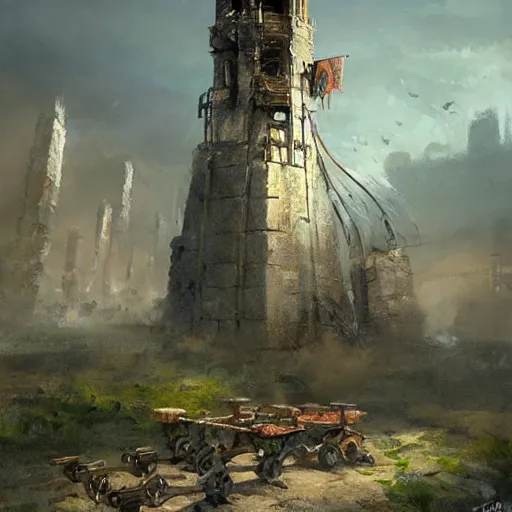 Image similar to a moving siege tower with cart wheels, crossbow on the tower, epic fantasy style art by Craig Mullins, fantasy epic digital art, epic fantasy card game art by Greg Rutkowski