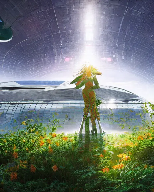 Prompt: beautiful girl!!!!, scifi, futuristic, bright light, highly detailed, concept art, green plants, research complex, school, white building, drones, solar panels, flowers, utopia, sharp focus, trending on artstation, intricate, atmosphere, sunny, art by roman makarenko, dzung phung dinh