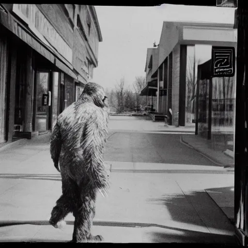 Image similar to a picture of bigfoot wearing a black and white striped ski mask and walking towards a store, taken on a WW2 camera.