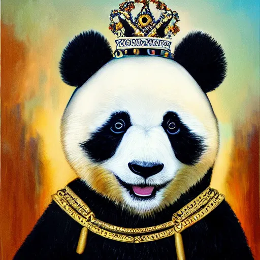 Prompt: an oil painting of a panda wearing royal robes and a royal crown on a dark background