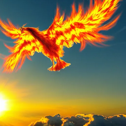 Image similar to a phoenix rising above the clouds with a fiery sun burning all around it brightly lit.