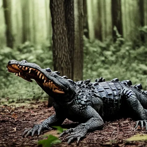 Prompt: werecreature consisting of a alligator and a human, werealligator, photograph captured in a dark forest