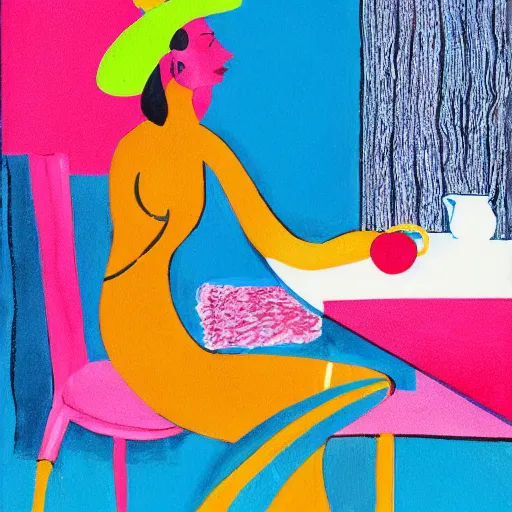 Image similar to beautiful lady, drinking tea, fruit basket, painting,, clean shapes, print, pastel colors, ink lines, markus gunnar, konstfack