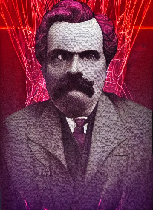 Prompt: elegant dark design poster showing a beautiful greco roman statue of friedrich nietzsche, black background with very subtle red and purple design elements, bold, powerful, nekro, vito acconci, thin straight purple lines, dark, glitch art, neo vaporwave, gritty, layout frame, square, trending on artstation