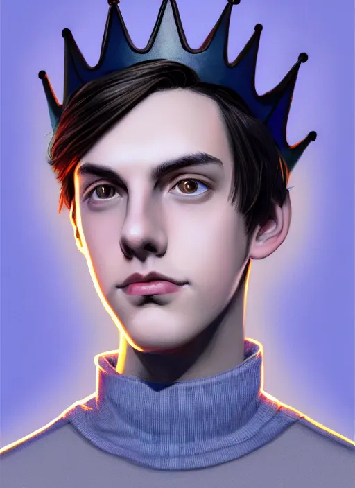 Image similar to portrait of teenage jughead jones wearing a light grey crown, crown, blue turtleneck, closed eyes, photorealistic, black hair, glowing lighting, intricate, elegant, glowing lights, highly detailed, digital painting, artstation, concept art, smooth, sharp focus, illustration, art by wlop, mars ravelo and greg rutkowski