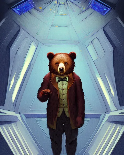 Image similar to anthropomorphic art of a detective bear inside tardis, victorian inspired clothing by artgerm, victo ngai, ryohei hase, artstation. fractal papersand books. highly detailed digital painting, smooth, global illumination, fantasy art by greg rutkowsky, karl spitzweg