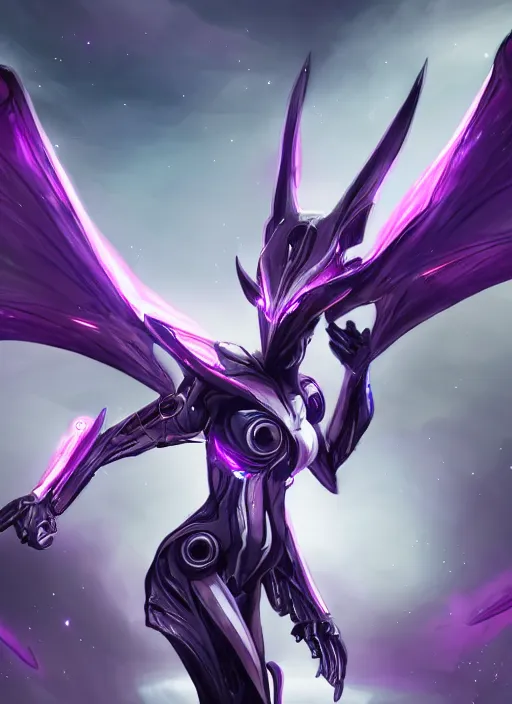 Image similar to cinematic close shot, galactic sized goddess, proportional stunning beautiful hot female warframe, sleek mecha female dragon head, metal ears, led purple eyes, smooth fuschia skin, smooth silver armor, floating in space, holding a galaxy, epic proportions, epic size, epic scale, furry art, dragon art, giantess art, warframe fanart, furaffinity, octane