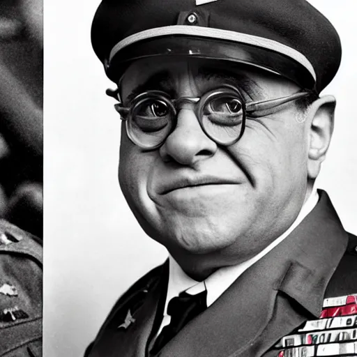 Image similar to Danny DeVito as a WW2 era American general watching a mushroom cloud explode