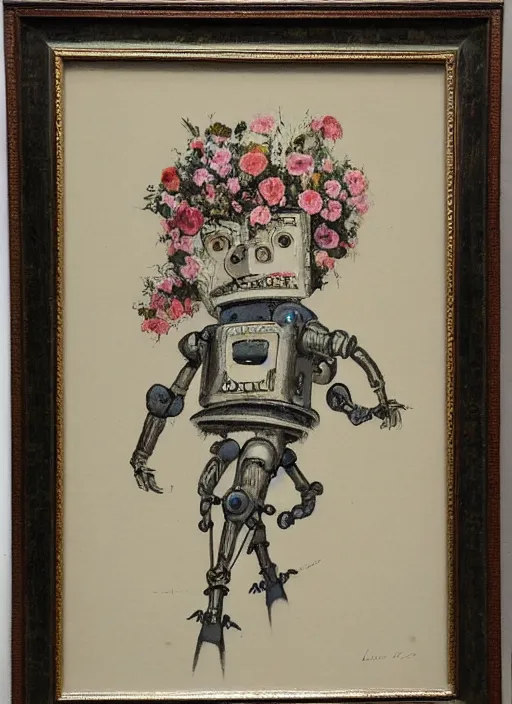 Prompt: Louis Icart, an old elaborate painting of a robot with flowers coming out its head, highly detailed, masterpiece