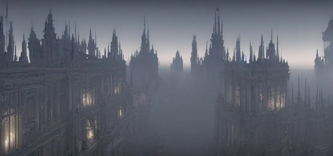 Image similar to A palace with a thousand long, thin spires of metal. Sunset. Thick atmosphere of fog. 4K. Many intrincate details.