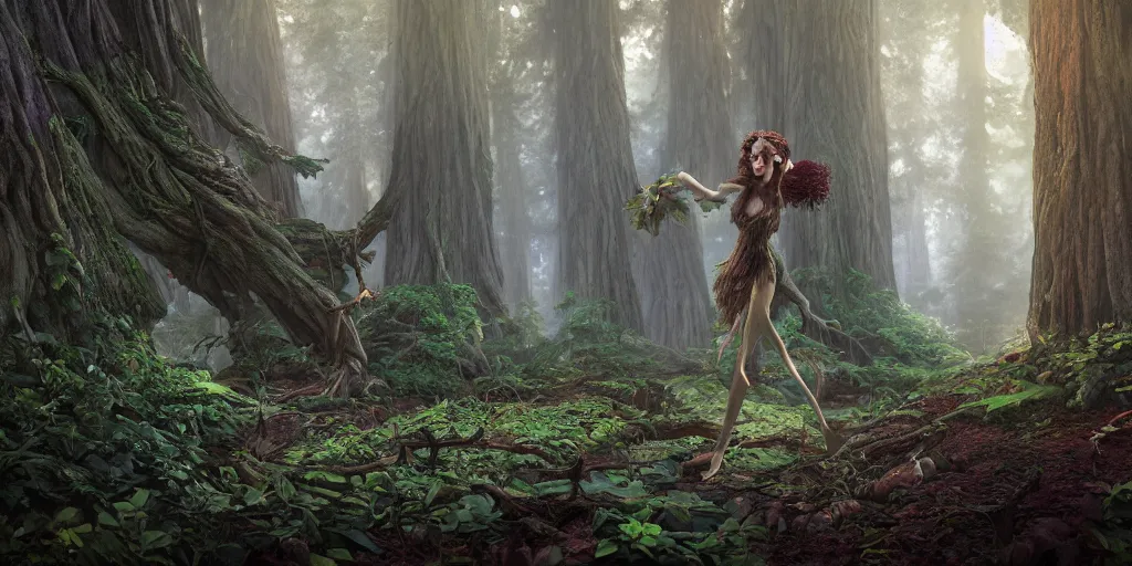 Image similar to detailed matte painting of a magical dryad witch in a redwood forest, dramatic lighting and composition, highly detailed, spells, magic, surreal background, octane render, pixar, trending on artstation, concept art, comic book, volumetric lighting 8 k