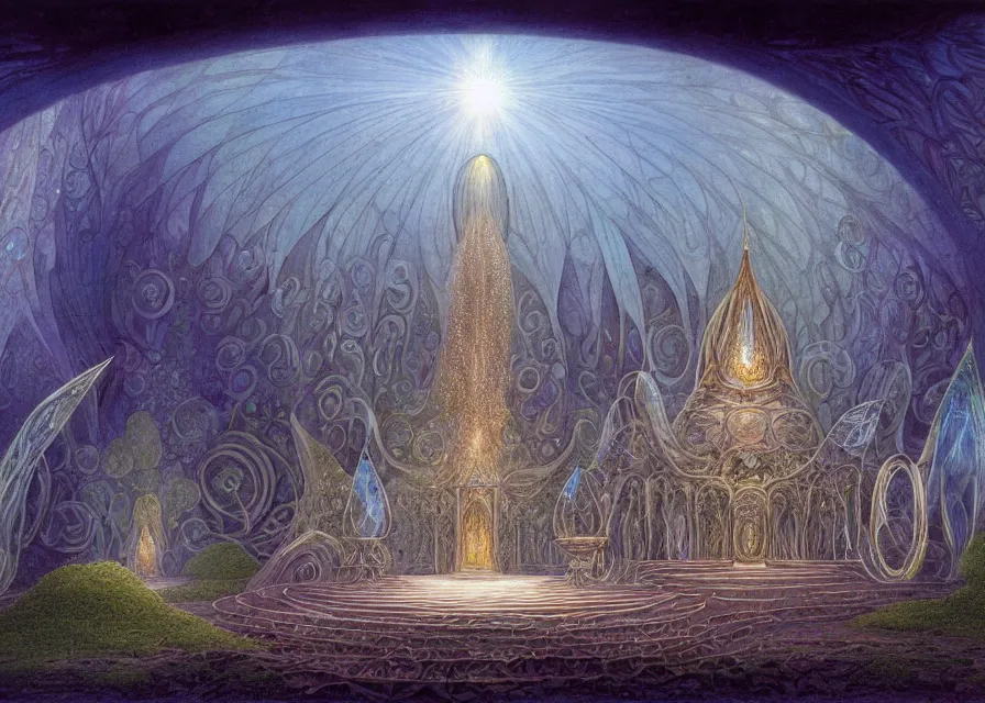 Prompt: a delicate mtg illustration by john howe of a distant huge vulva!!! - shaped sacred temple of smooth organic feminine architecture surrounded by forest,, floating in the astral plane and constructed of house - sized crystals, with the raised bulb of the vestibule revealing a glittering iridescent pearl emitting beams of laser