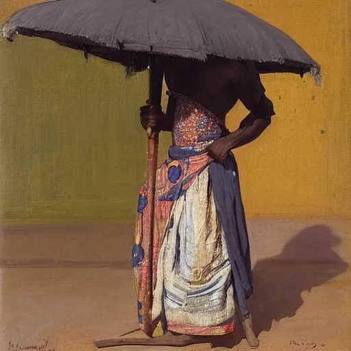 Image similar to portrait of king of dahomey outdoors dressed in airy clothing, with a servant holding an umbrella over him, 1905, brightly coloured oil on canvas, by ilya repin