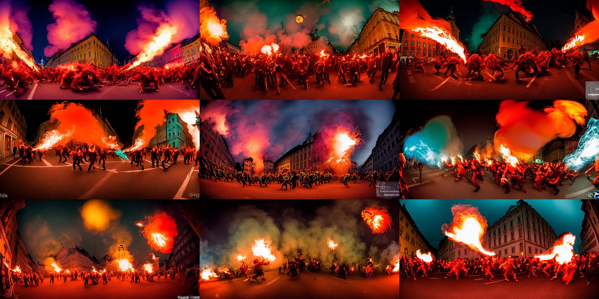 Prompt: kodak portra 4 0 0, award winning dynamic fisheye photograph of hundreds of hazardous krampus, pelzebug, devils, by robert capas, in muted colours, striped orange and teal, motion blur, on a street in salzburg at night with colourful exploding pyro fire and torches, running fast towards the camera