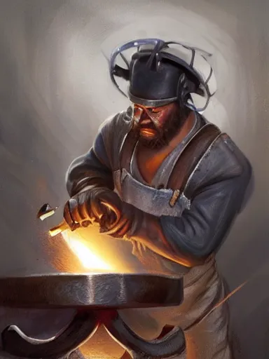 Prompt: a blacksmith striking a hammer in its anvil. working at his forge. intricate, elegant, highly detailed, digital painting, artstation, cinematic shot, concept art, sharp focus, illustration, by justin gerard and artgerm 8 k