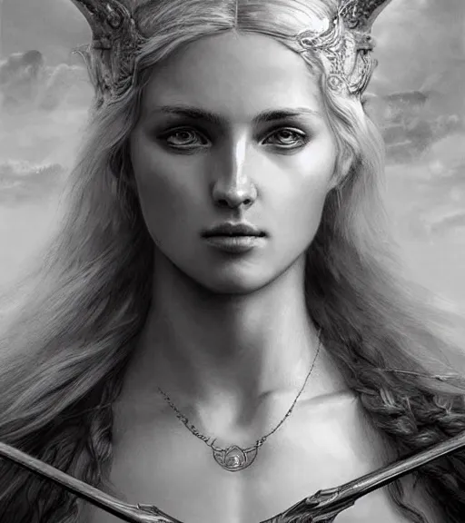 Prompt: beautiful aphrodite goddess as an archer warrior, beautiful piercing eyes, flowing blonde hair, realistic face, black and white drawing, in the style of greg rutkowski, fantasy, amazing detail, epic, intricate, elegant, smooth, sharp focus