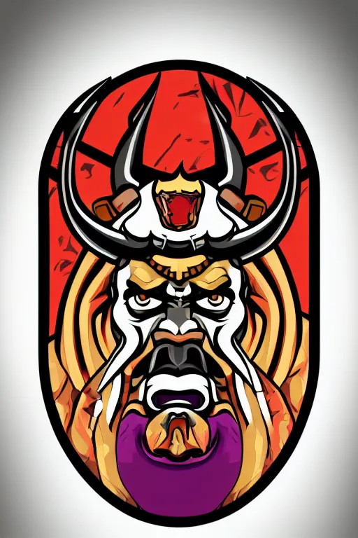 Image similar to A portrait of a bull as evil warlord general, sticker, Anthropomorphized, portrait, highly detailed, colorful, illustration, smooth and clean vector curves, no jagged lines, vector art, smooth