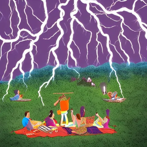 Image similar to a detailed illustration of a god ruining a picnic in the park, nightmare in the park, calamity, dark storms with lightning, ultrawide lens, aerial photography, natural disaster, 8 k, art by the unemployed philosophers guild