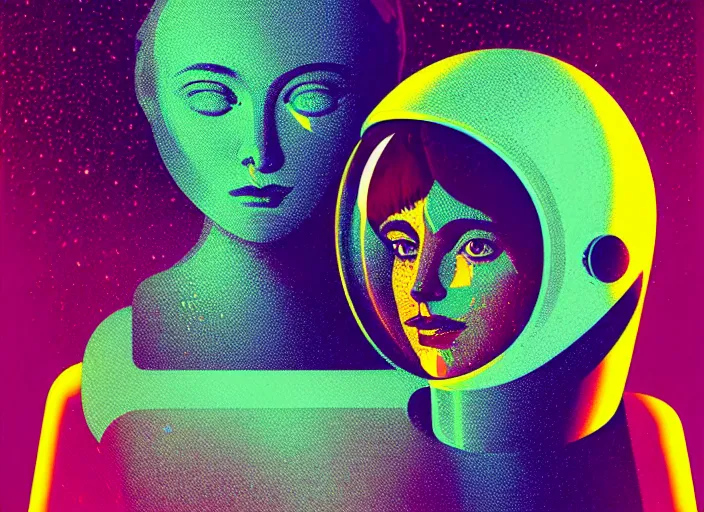 Image similar to portrait of a young astronaut girl, colorful,modern art deco, Mads Berg, Karolis Strautniekas, stippled light, fine texture, editorial illustration, dramatic lighting, dynamic composition, detailed, matte print, dynamic perspective