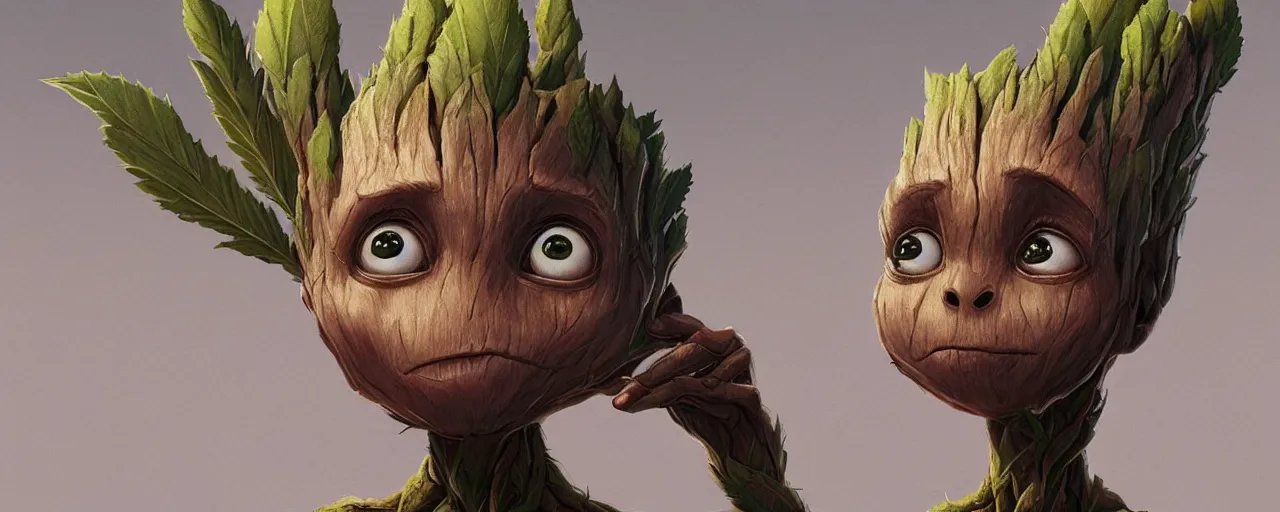 Image similar to portrait smiling round cute face cannabis!!, big eyes, marijuana!, baby groot, realistic shaded perfect face, cinematic volumentric lighting, jim cheung, david marquez, mike deodato jr, behance hd by jesper ejsing, by rhads, hyper detailed, octane render, concept art, artstation