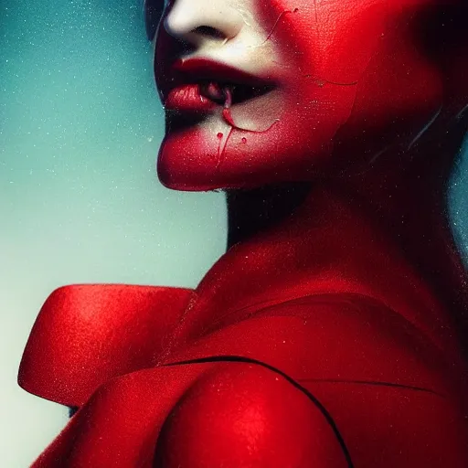 Prompt: 3 d, close - up, smiling fashion model face, cinematic, red mood, clouds, vogue cover style, dystopian art, poster art, futuristic, fantasy art, metaphysical painting, by guillermo del toro and james jean and david diao