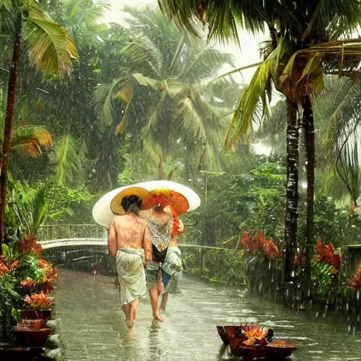 Image similar to monsoon on tropical island, ornate, beautiful, atmosphere, vibe, mist, coconuts, rain, wet, pristine, puddles, melting, dripping, snow, creek, lush, ice, bridge, forest, roses, flowers, by stanley artgerm lau, greg rutkowski, thomas kindkade, alphonse mucha, loish, norman rockwell