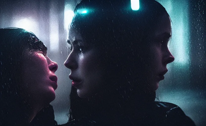 Image similar to cinestill 5 0 d candid photographic portrait by christopher nolan of two loving female androids sobbing wearing rugged black mesh techwear in treacherous waters, medium closeup, modern cyberpunk moody emotional cinematic, pouring iridescent rain bright spotlight, 8 k, hd, high resolution, 3 5 mm, f / 3 2, ultra realistic faces, ex machina