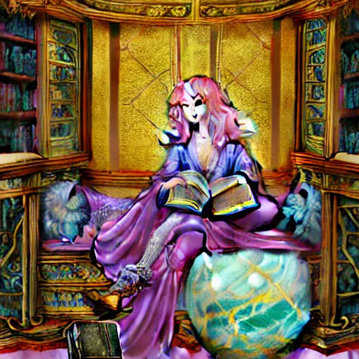 Prompt: a detailed fantasy pastel portrait of a woman wizard in ornate clothing lounging on a purpur pillow on the marble floor in front of her bookcase in a room, reading an ancient tome. to the side is a potted plant, moody light. ancient retrofuturistic setting. 4 k key art. raytracing, perspective, by chie yoshii and yoshitaka amano.