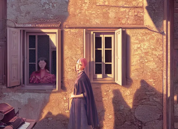 Image similar to seen through a window, italian village, by ilya kuvshinov, rtx rendering, octane render 1 2 8 k, maya, extreme high intricate details by tom bagshaw, composition by sana takeda, lighting by greg rutkowski