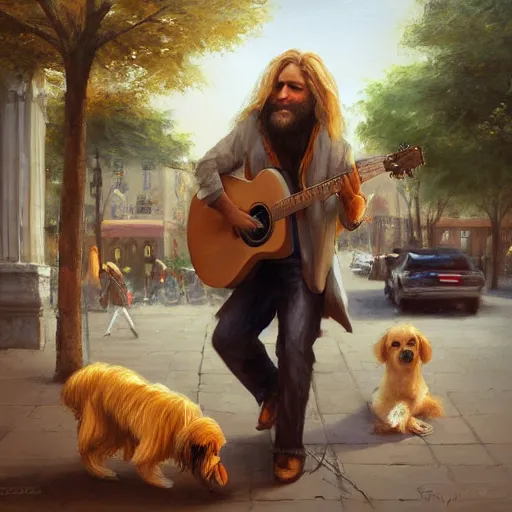 Image similar to oil painting of a young man with long hair blond and a beard hippie style with his golden retrever dog playing guitar in the square for money, people watching around, by greg rutkowski, artstation