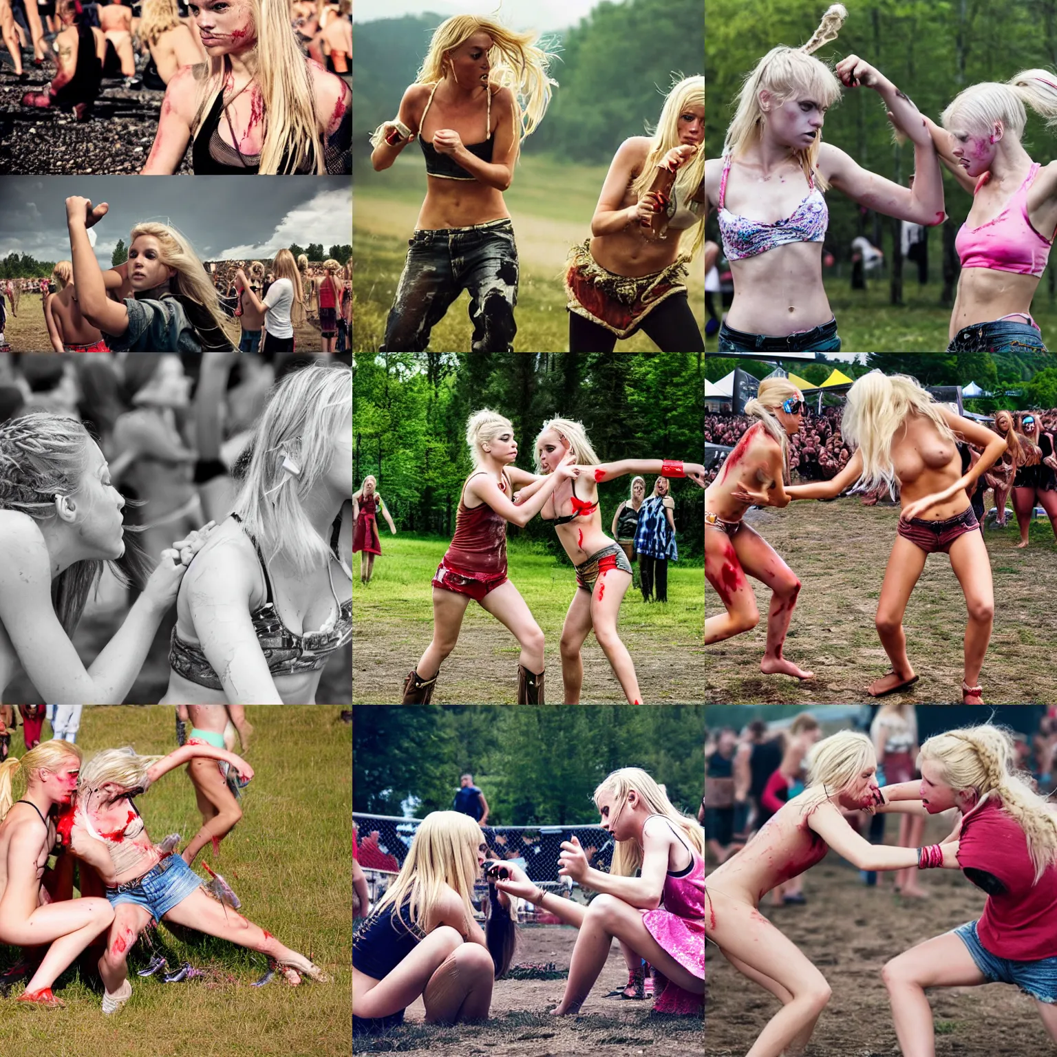 Prompt: two blonde girls fighting at a music festival, photograph, bloody, nordic summer, ultra detailed