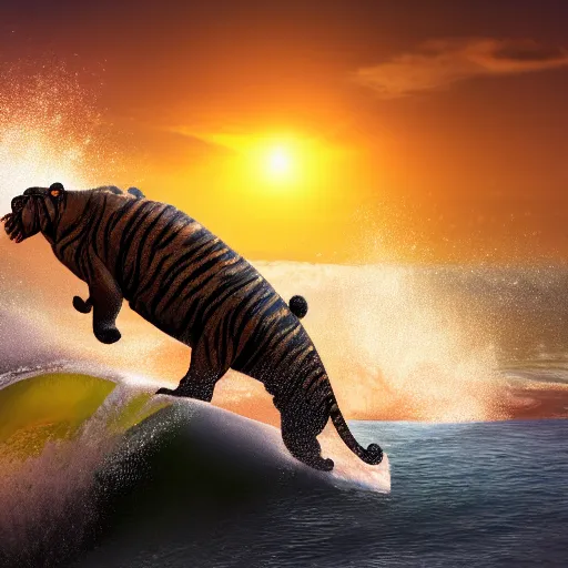 Image similar to a closeup photorealistic photograph of a smiling cute tiger hippopotamus riding a large wave during sunset. surf in the background. professional capture. brightly lit scene. this 4 k hd image is trending on artstation, featured on behance, well - rendered, extra crisp, features intricate detail, epic composition and the style of unreal engine.