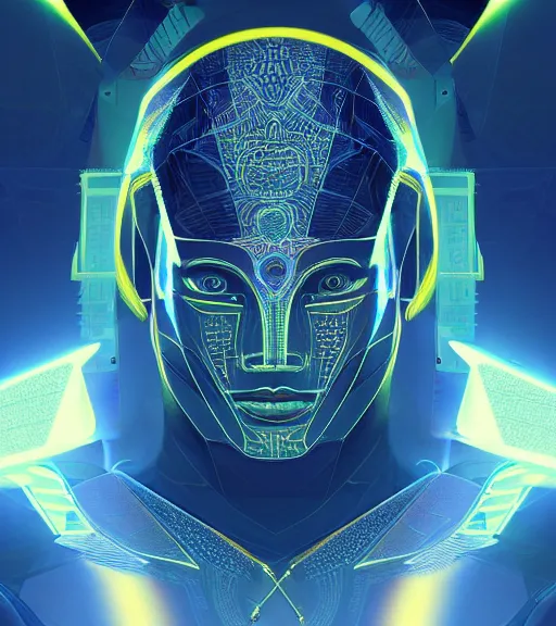 Image similar to symmetry!! egyptian prince of technology, solid cube of light, hard edges, product render retro - futuristic poster scifi, lasers and neon circuits, brown skin man egyptian prince, intricate, elegant, highly detailed, digital painting, artstation, concept art, smooth, sharp focus, illustration, dreamlike, art by artgerm