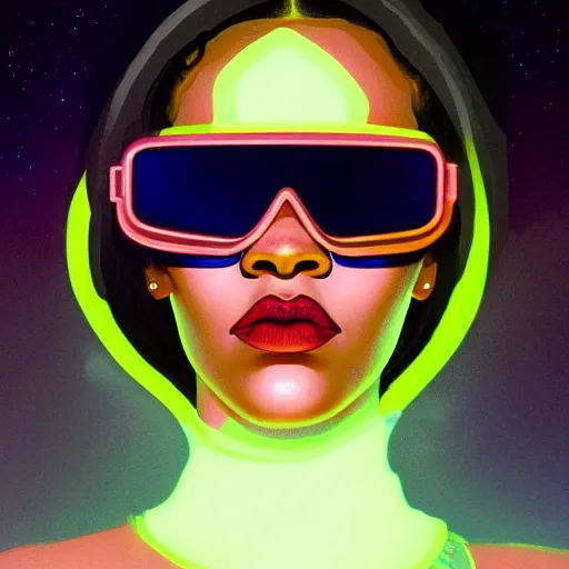 Prompt: Rihanna wearing opaque reflective goggles profile picture by Greg Rutkowski, brown skin, very long hair, dune, asymmetrical, futuristic, neon volumetric lights, cool colors, streetwear, studio ghibli, Organic Painting , Matte Painting, geometric shapes, hard edges, street art, trending on the artstation, fantasy LUT, realistic by Sachin Teng + Martin Grip + Moebius + Patrick Gleason, smooth, sharp focus, illustration, art by John Collier and Albert Aublet and Krenz Cushart and Artem Demura and Alphonse Mucha, techwear, Industrial Scifi, detailed illustration, character portrait,