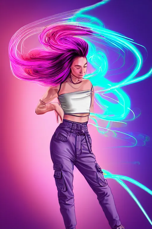 Image similar to a award winning half body portrait of a beautiful woman in a croptop and cargo pants with ombre purple pink teal hairstyle with head in motion and hair flying, surrounded by whirling illuminated lines, outrun, vaporware, shaded flat illustration, digital art, trending on artstation, highly detailed, fine detail, intricate